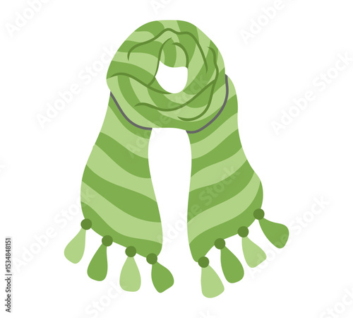 Cozy vibrant green scarf with striped patterns and tassels, perfect for autumn and winter fashion or cozy seasonal designs.