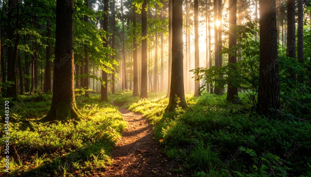 Obraz premium Sunlight filtering through a misty forest