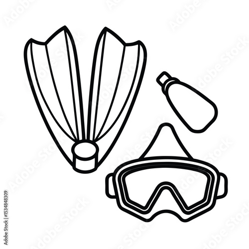 Snorkel fins paired with diving mask Line Art Vector illustration