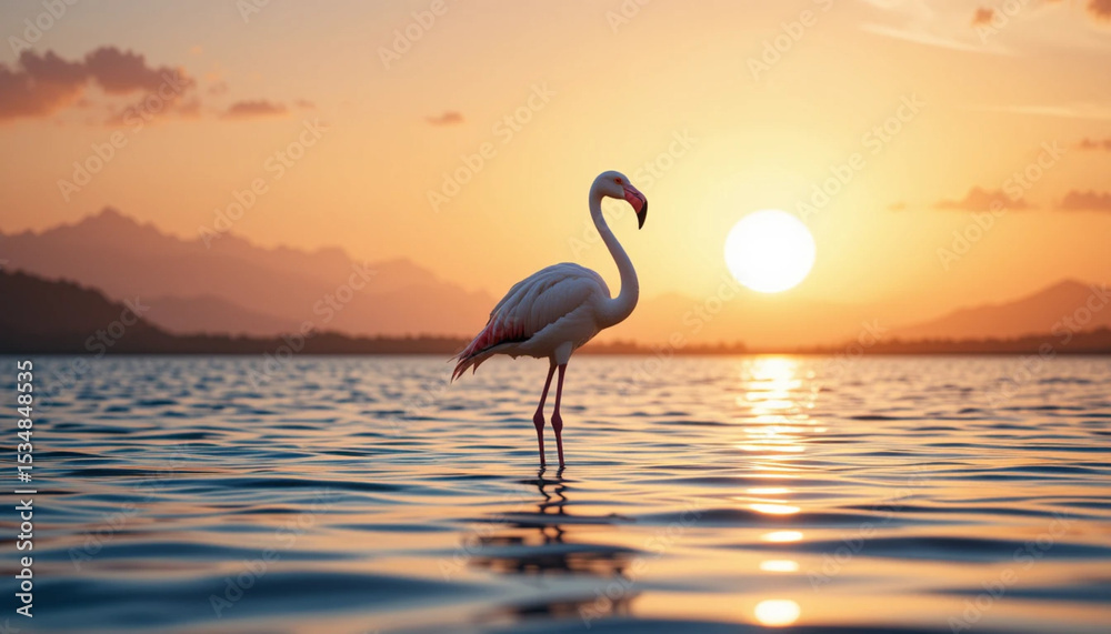 Naklejka premium Flamingo Standing Gracefully in Shallow Water – Peaceful Wildlife Scene