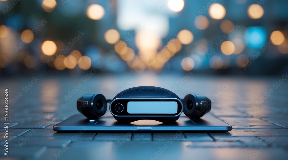 Fototapeta premium Sleek Wireless Headphones Resting on Tablet in Urban Night Setting Modern Technology and Cityscape