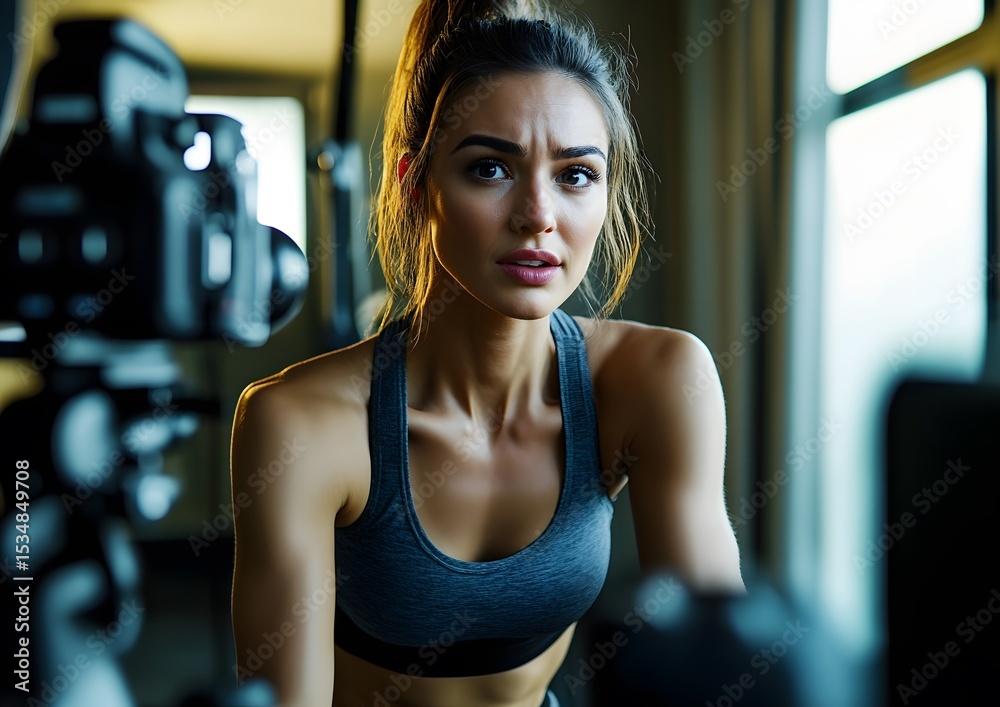 Fototapeta premium Woman fitness influencer recording workout video