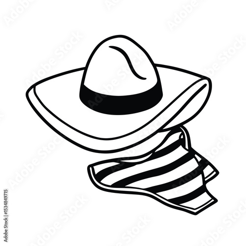 Sunhat paired with beach towel set Line Art Vector illustration