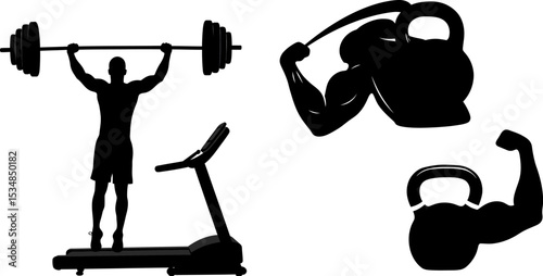 Fitness gym workout bodybuilding silhouette vector illustration weightlifting treadmill kettlebell muscular man editable stock vector illustration