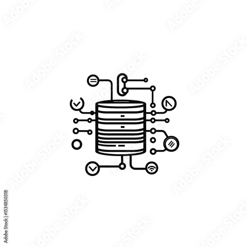 Minimalist Data Server Line Art with Connectivity Icons Around the Central Structure