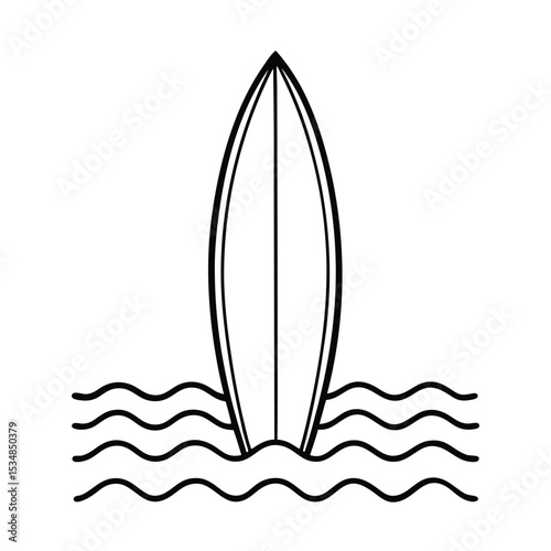 Surfboard standing upright in beach sand Line Art Vector illustration