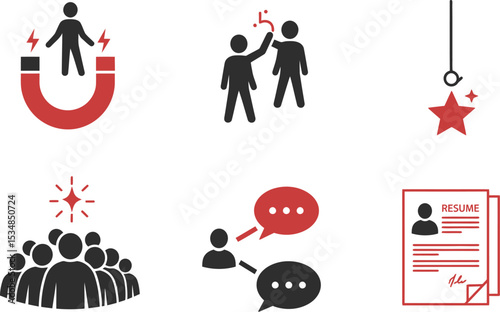 Job search recruitment career hiring process attracting talent resume skills team success communication editable stock vector illustration