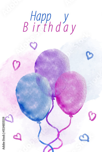 Happy birthday card. Trendy greeting cards with watercolor baloon and heart illustration