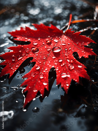 Close up realistic image of red maple leaf with water drops