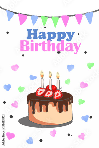 Happy birthday card. Trendy greeting cards with birthday cake illustration