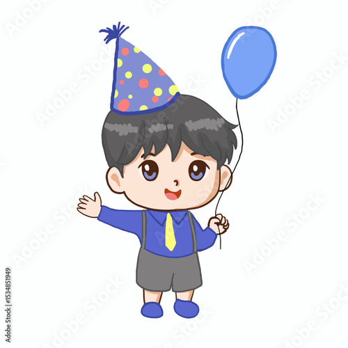 Cute Cartoon Boy in Blue Party Hat and holding baloon
