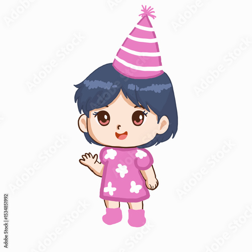 Cute Cartoon Girl in Pink Party Hat and Floral Dress Waving Hello