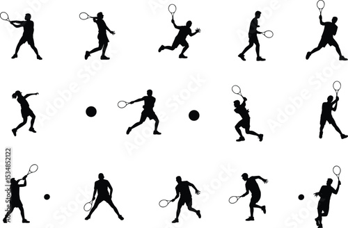 Dynamic Tennis Silhouette Set: Players in Action, Sports Iconography, Fitness Illustrations