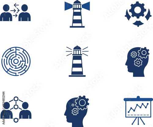Business strategy leadership success solution teamwork innovation management ideas concept vector icons set editable stock vector illustration