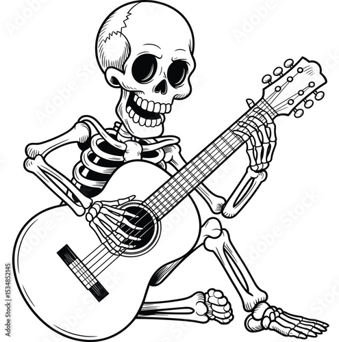n isolated black and white line art illustration of a whimsical, happy skeleton character sitting down, joyfully playing a classic acoustic guitar with enthusiasm