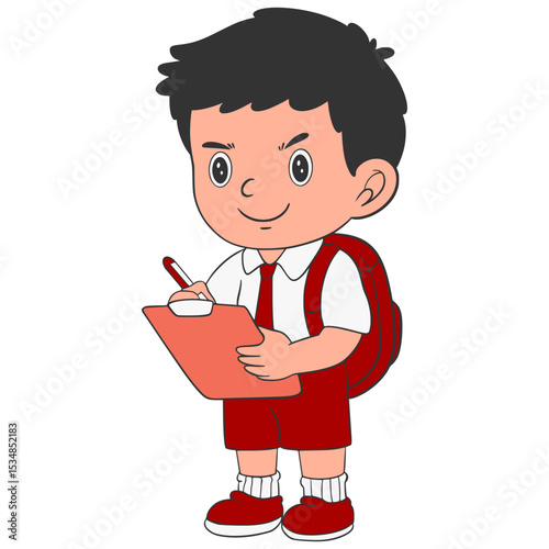 The schoolboy is standing while writing on the chest board Cartoon Illustration 