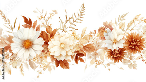 A delicate floral border featuring soft peach and white flowers, watercolor illustration with a light beige background, Elegant Floral Arrangement with Roses and Daisies.
