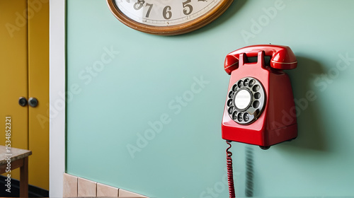 A retro phone hangs on the wall in a pastry shop. Pastry shop, ambience