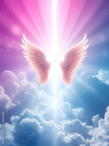 abstrac angelic religious spiritual magic background with sky and clouds, rays of light and purple, pink, blue tonality
