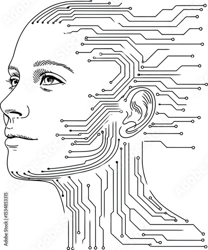 Human face integrated with circuit board concept illustrating technology and artificial intelligence