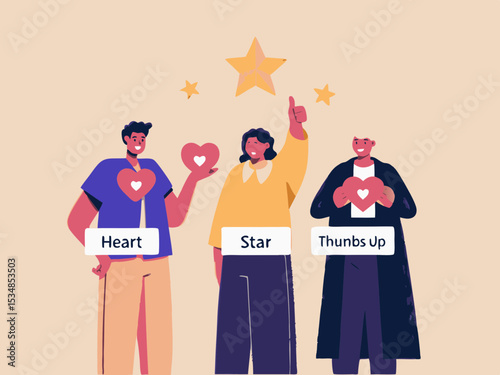 Diverse People Showcasing Heart Star and Thumbs Up Icons Representing Love Excellence and Approval in a Flat Vector Illustration