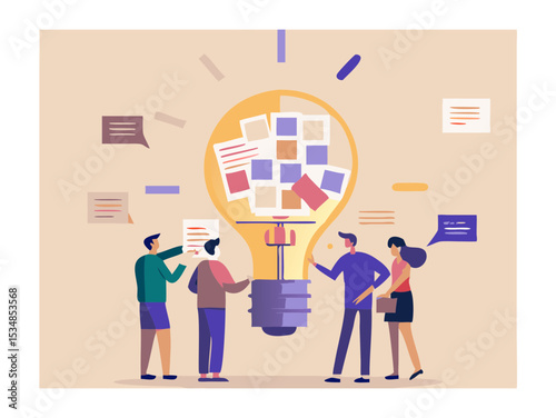 Creative Team Brainstorming Around a Giant Lightbulb Filled with Ideas Collaboration and Innovation in Business Vector Illustration