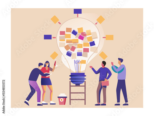 Brainstorming Session with Team Members Generating Ideas and Solutions Using Sticky Notes on a Large Lightbulb Illustration