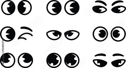 Collection of various black and white cartoon eyes with different emotions and expressions