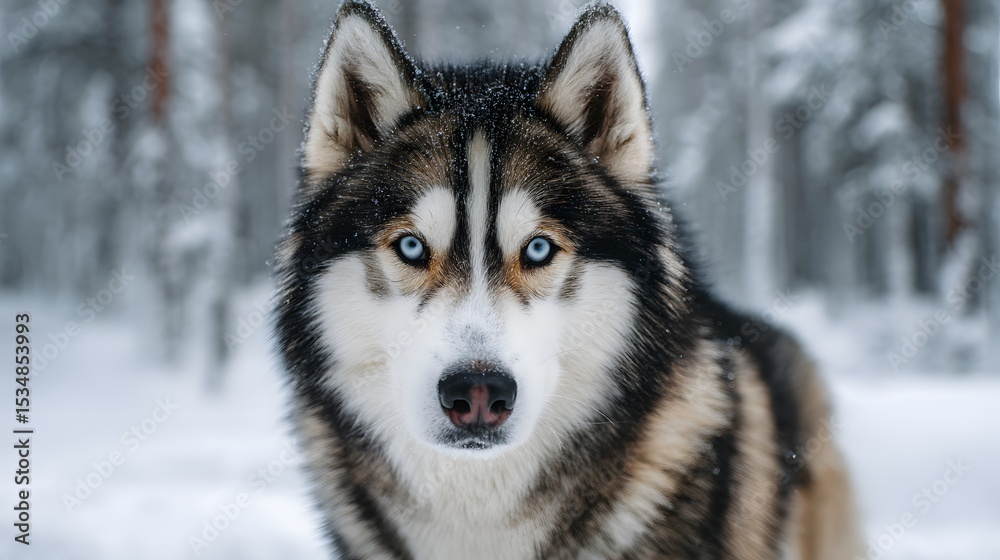 Majestic Huskie Staring Intently in Snowy Forest Landscape Majestic Huskie Staring Intently in Snowy Forest Landscape