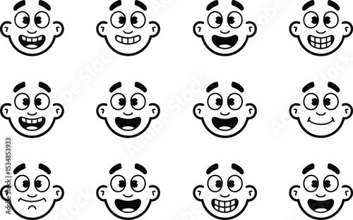 Collection of cartoon faces expressing various emotions in a playful and engaging black and white style