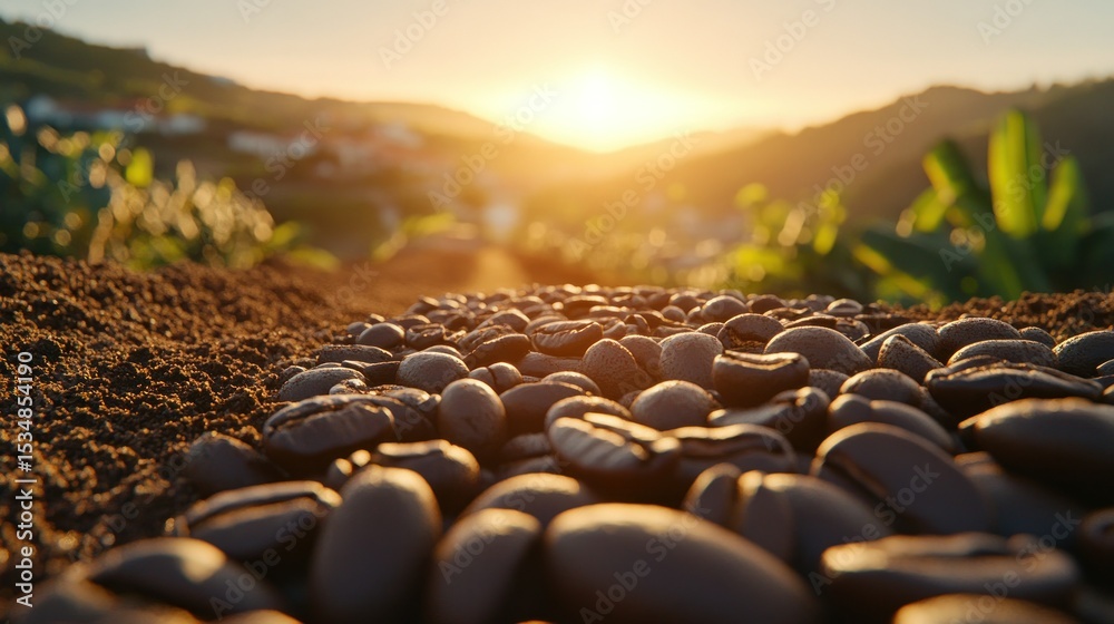 Obraz premium Coffee beans on the ground at sunrise