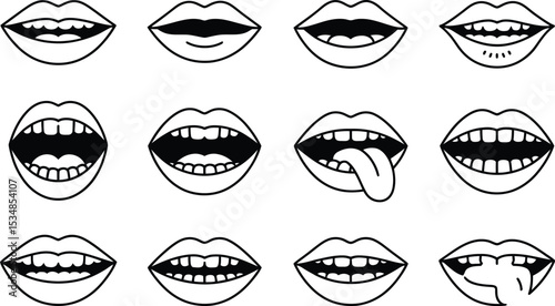 Vector illustration of stylized mouths and lips showing various expressions and emotions