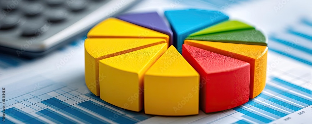 Fototapeta premium Financial planning goals and savings for retirement concept. Colorful pie chart on a financial report with calculator.
