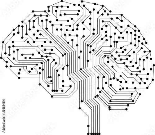 Conceptual illustration of a human brain depicted as a circuit board design for technology and intelligence