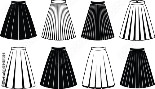 Eight pleated skirt designs in black and white minimalistic vector illustrations