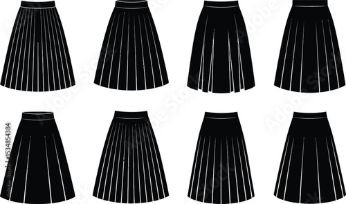Vector illustrations of various black pleated skirts isolated on white background for fashion design