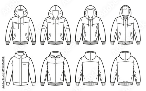 Collection of detailed vector illustrations of jackets including hooded and non hooded designs
