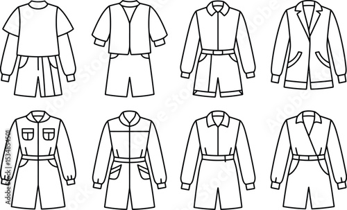 Vector illustration of fashion outfits in minimalist black and white line art design