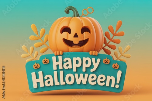 Cheerful Halloween Pumpkin with a Happy Expression and a Sign Wishing Happy Halloween with Decorative Leaves and Pumpkins