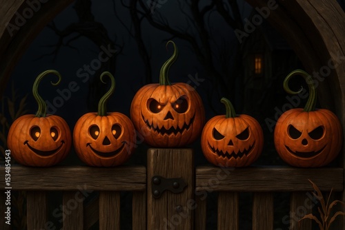 Illuminated Carved Pumpkins Displayed on a Wooden Gate with Varying Facial Expressions for a Festive Halloween Scene