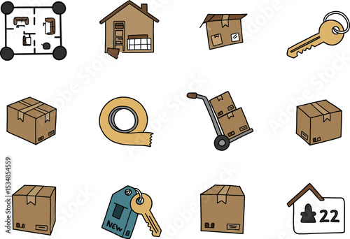 Moving relocation new home real estate boxes key house plan tape trolley illustration vector design editable stock vector illustration