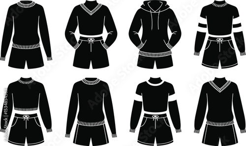 Vector illustration of various sweater and shorts outfit designs in a minimalistic black and white style