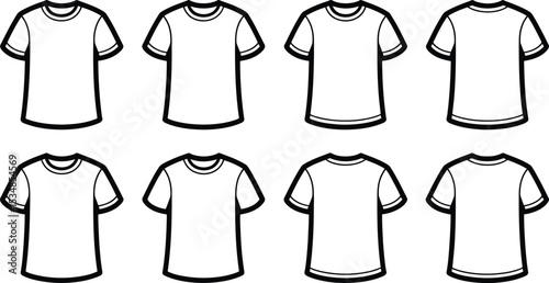 Vector illustration of multiple blank t-shirts in front and back views isolated on white background