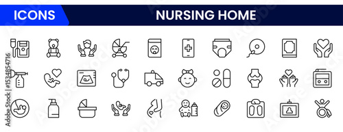 Compassionate vector web line icons depicting nursing home care, elderly support, healthcare, comfort, and community for senior living.
