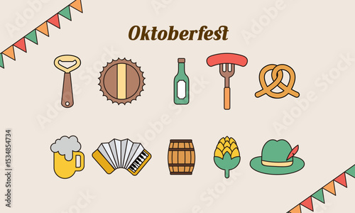 Oktoberfest icons and characters with frame lines. Flat design style minimal vector illustration
