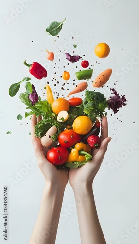 A vibrant array of fresh fruits and vegetables held aloft in hands.