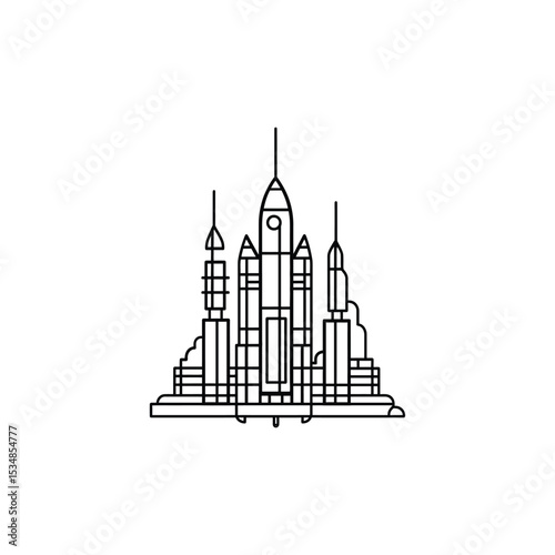 Minimalist Line Art Depicting a Rocket, Fuel Tanks, and Support Structure on White Background