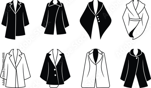 Collection of elegant coats in minimalistic black and white silhouette designs for fashion concepts