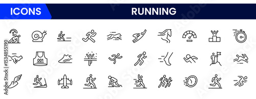 Dynamic vector web line icons showcasing running, athletic gear, speed, endurance, and fitness for an active, healthy lifestyle.