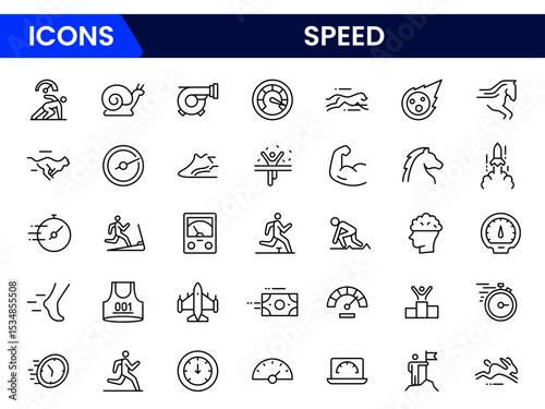 Sleek vector web line icons depicting speed, velocity, acceleration, performance, and dynamic motion for fast-paced activities and technology.
